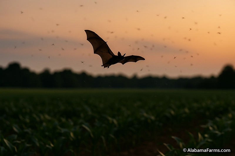 A bat flying over a summer crop field at dusk while small insects move through the air above the plants.