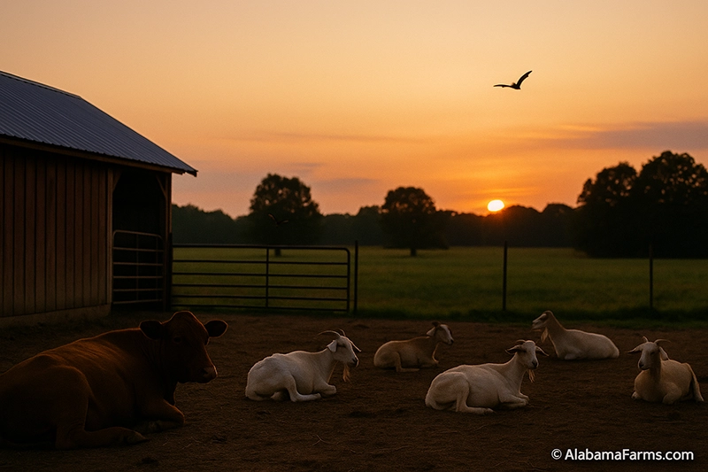 Cattle and goats resting near a barn at sunset with a distant bat flying overhead in a calm farm setting.