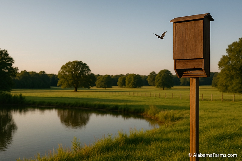 A wooden bat house mounted on a tall pole beside a pond and pasture, with a distant bat flying in early evening light.