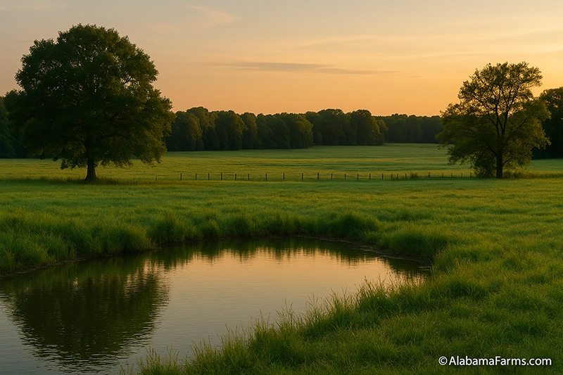 A peaceful agricultural landscape with a small pond, open pasture, and tree line during a soft evening sunset.
