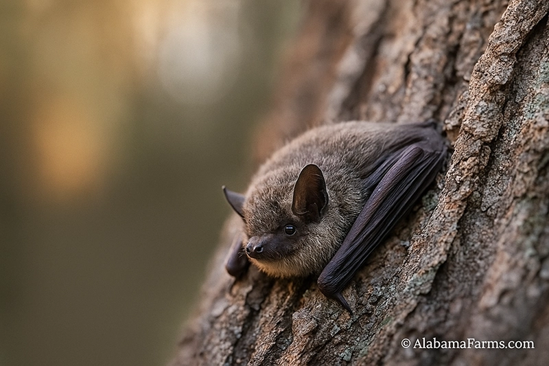 A close-up view of a small brown bat roosting on tree bark, resting quietly against a blurred natural background.