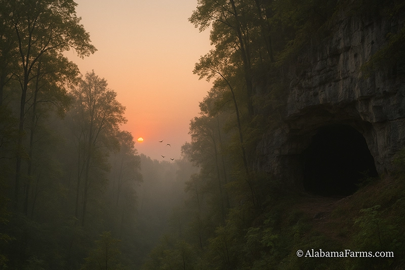 A limestone cave entrance in a forest at sunrise with a few distant bats gliding across a soft, misty sky.