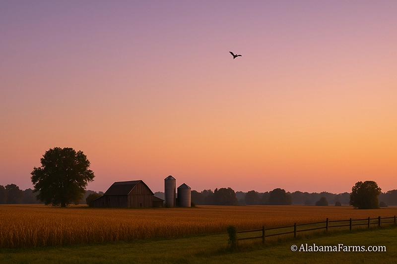 A wide view of an Alabama farm at dusk with golden fields, a barn, silos, and a small bat flying high in the colorful sky.